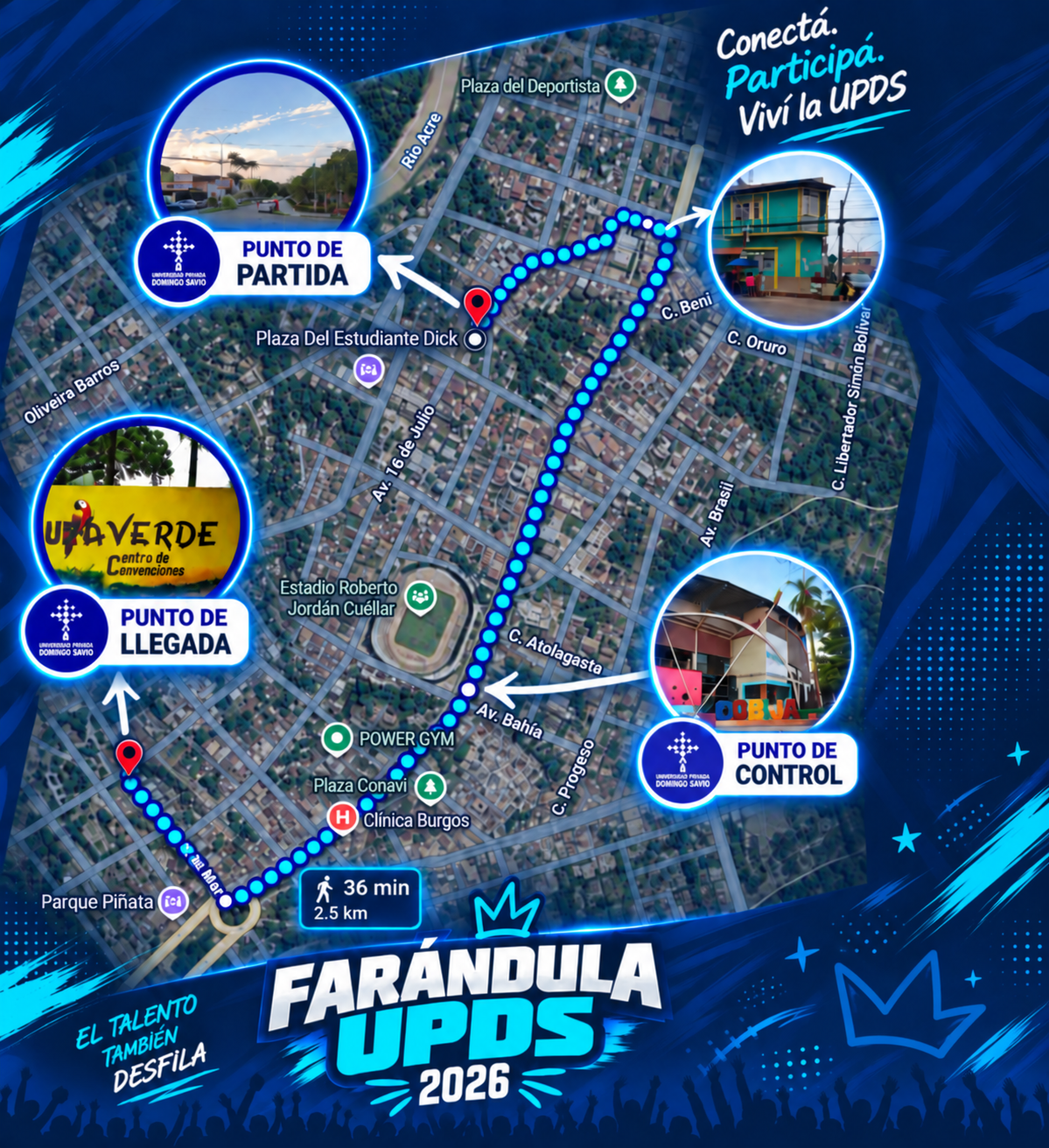 Croquis del recorrido oficial: parte en la Plaza del Estudiante, pasa por el Estadio Roberto Jordán Cuéllar y llega al Centro de Convenciones Pura Verde